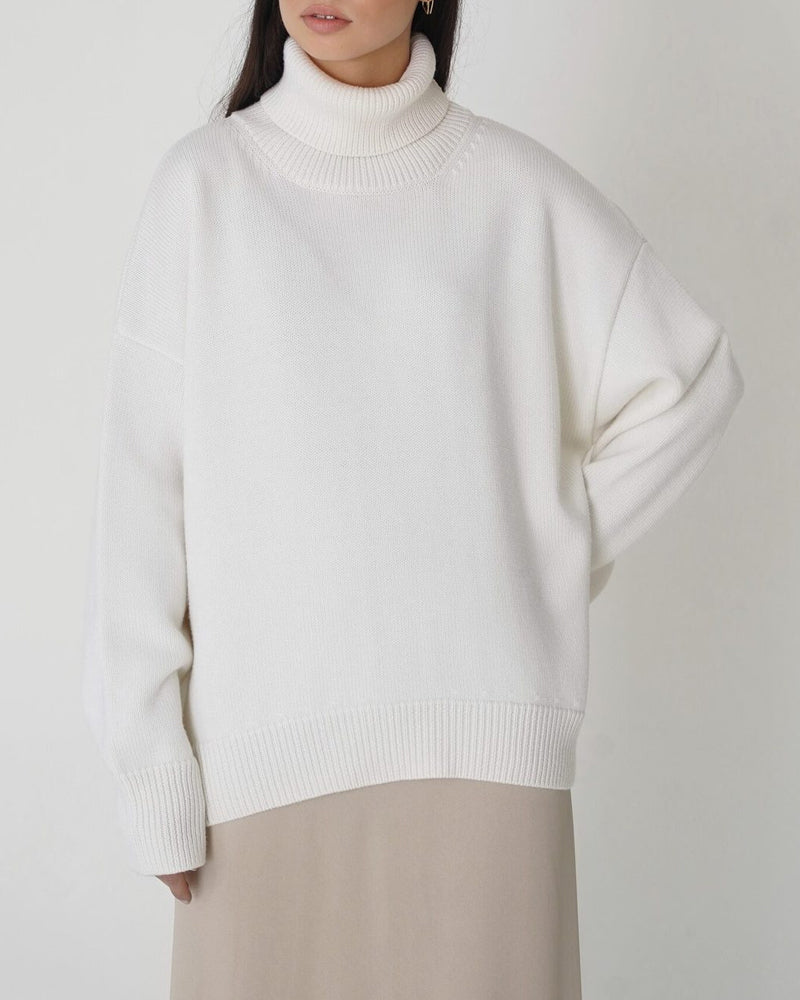Women's Dropped-Shoulder Roll-Neck Jumper Minimalist Oversized Knit