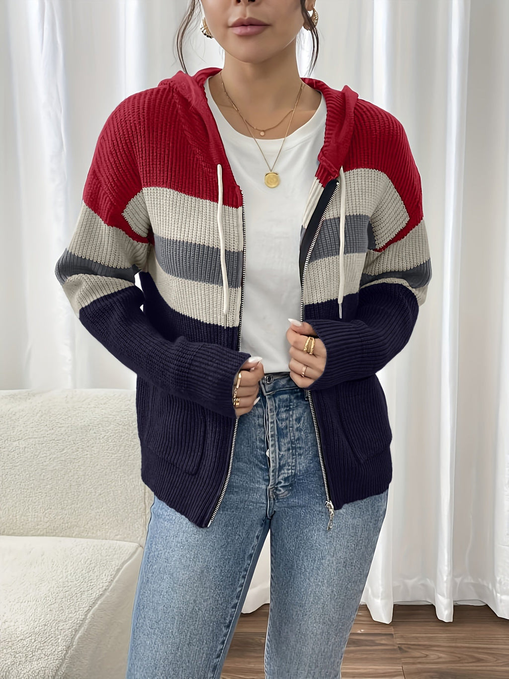 Women's Ribbed Knit Zip-Through Hooded Cardigan