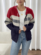 Women's Ribbed Knit Zip-Through Hooded Cardigan