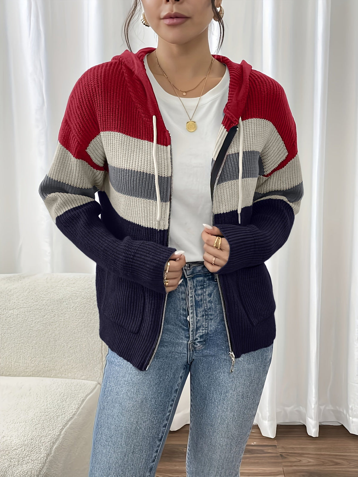 Women's Ribbed Knit Zip-Through Hooded Cardigan