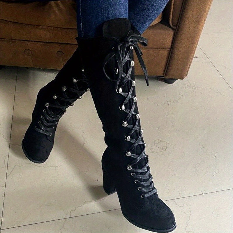 Women's Adjustable Lace-Front Tall Boots with Steady Block Heel - Black