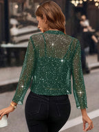 Women's Sparkle Open-Front Cropped Jacket with Three-Quarter Sleeves