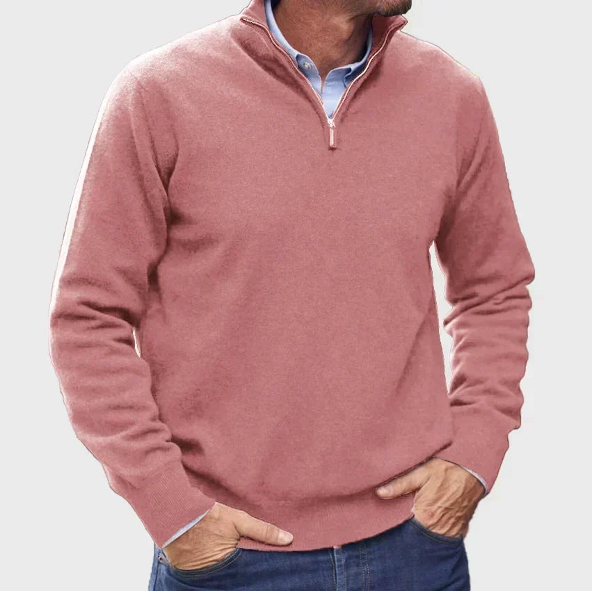 Men's High-Collar Quarter-Zip Knit Jumper for the Office – Pink