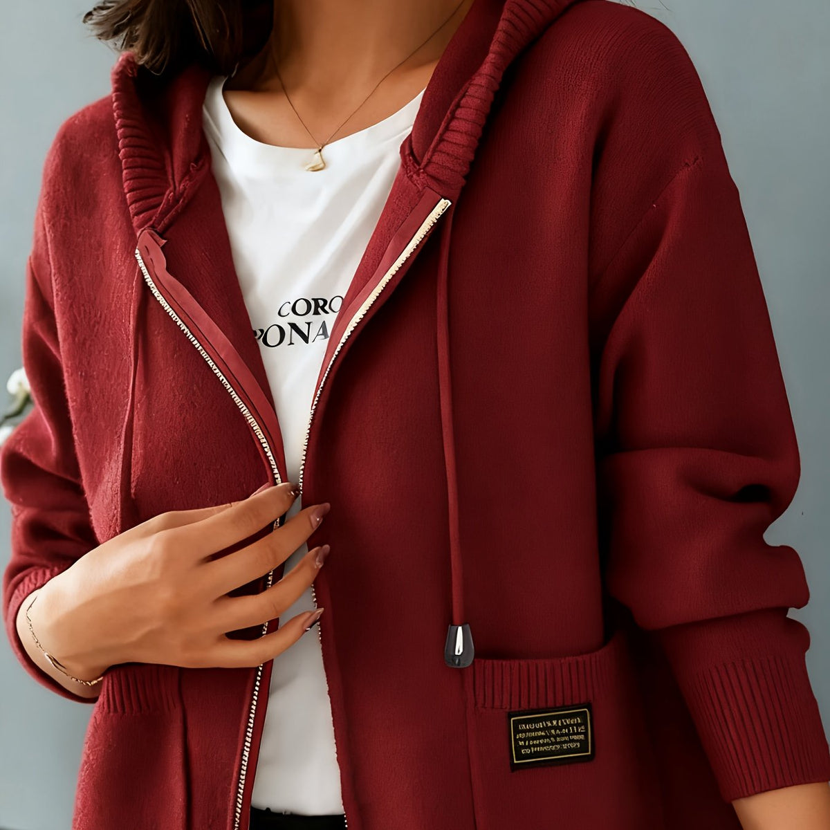 Women's Relaxed Full-Zip Knit Hoodie Cardigan - Brick Red