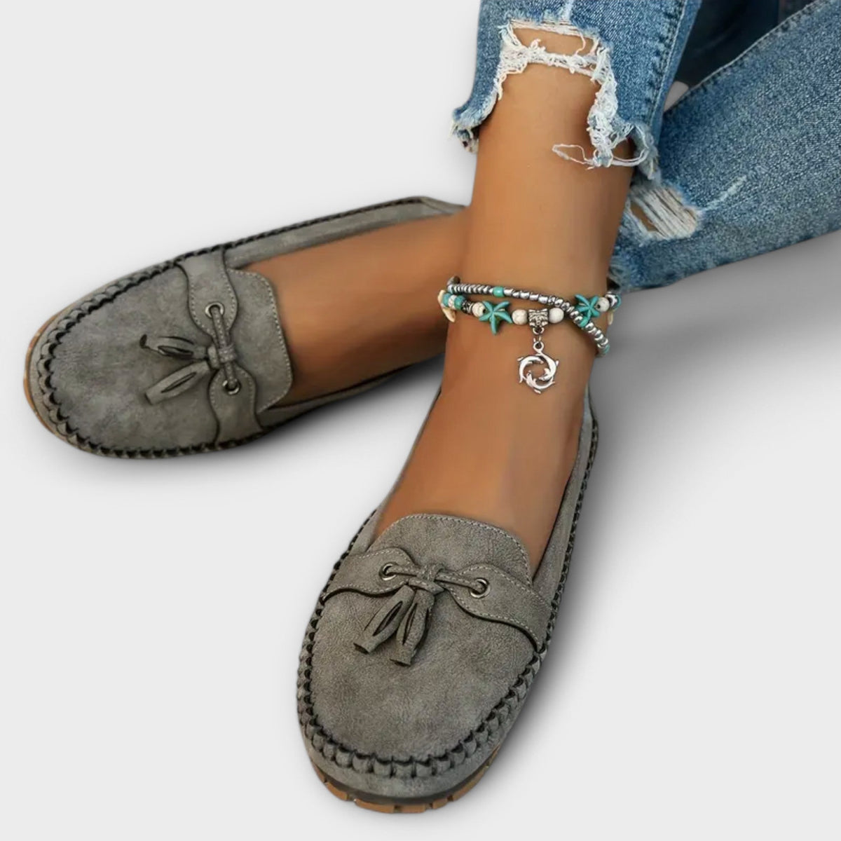 Women's Hand-Stitched Moccasin Loafers with Tassel Trim – Grey