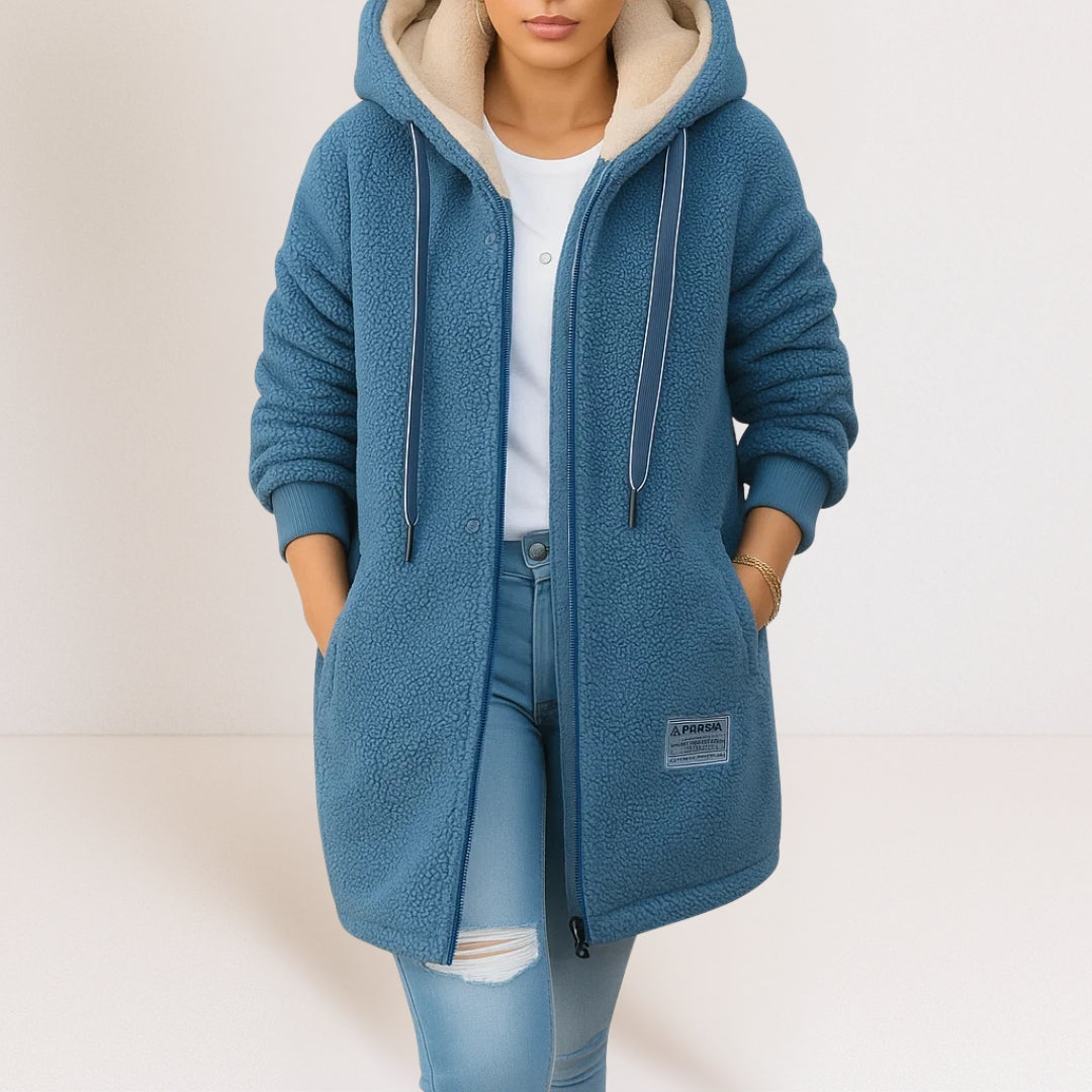 Women's Longer-Line Plush Hooded Zip Coat - Blue
