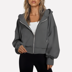 Women's Cropped Zip Hoodie Drawstring Hood Printed Accents