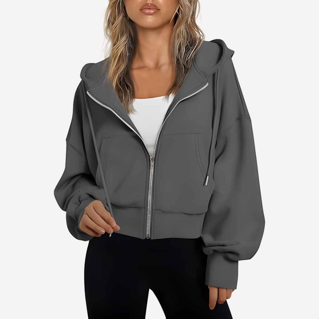 Women's Cropped Zip Hoodie Drawstring Hood Printed Accents