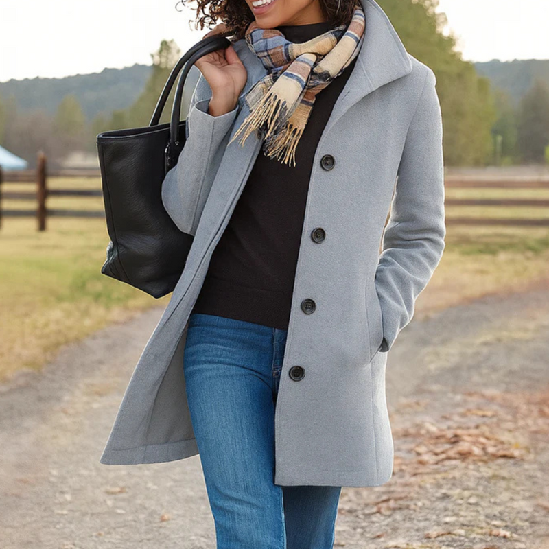 Women's Straight Cut Buttoned Coat Warm Everyday Staple – Light Grey