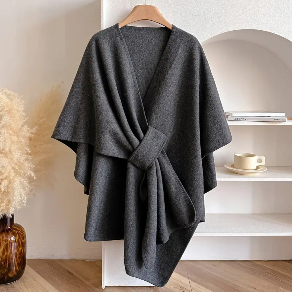 Women's Windproof Poncho Coat Draped Sides Belted Waist – Dark Grey
