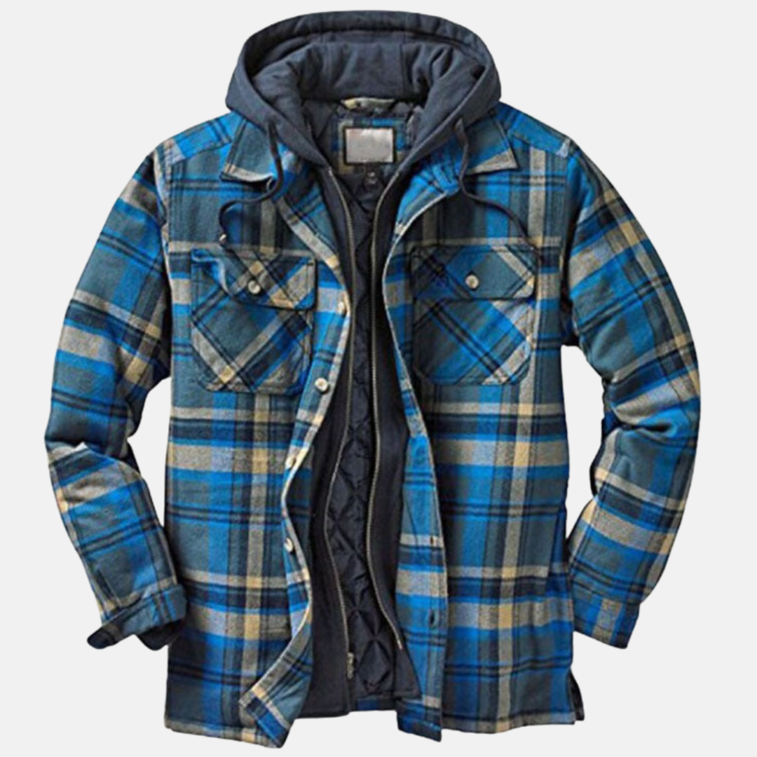 Men's Padded Printed Overshirt Jacket with Drawstring Hood – Blue
