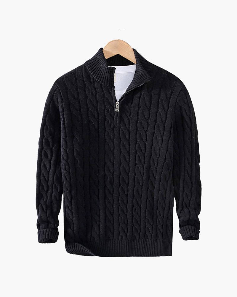 Men's Cable-Knit Half-Zip Jumper with Ribbed Trims – Black