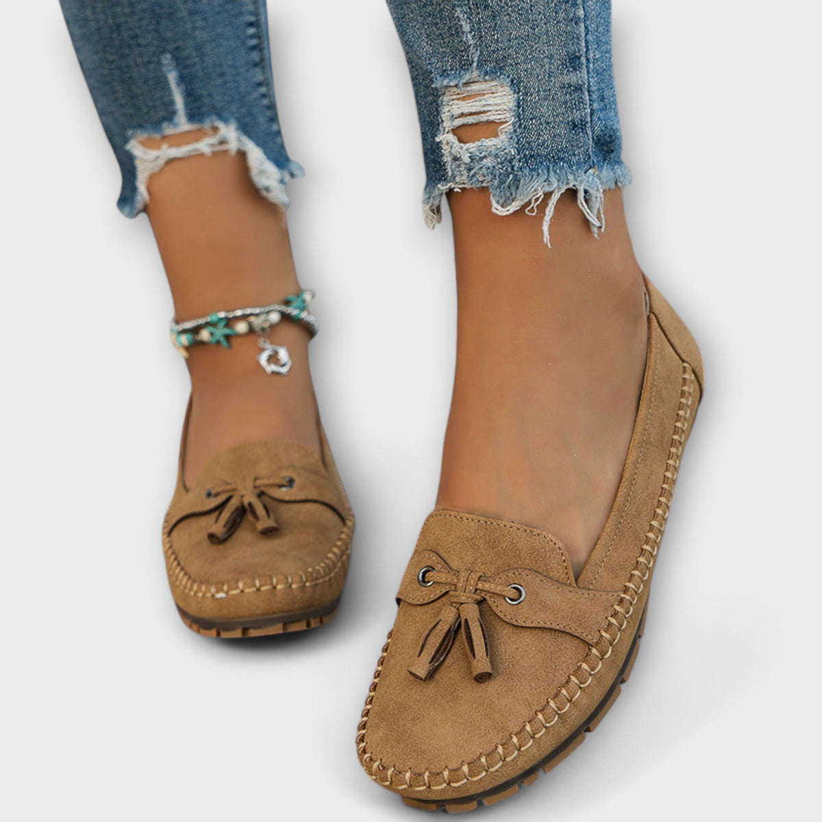 Women's Hand-Stitched Moccasin Loafers with Tassel Trim – Khaki