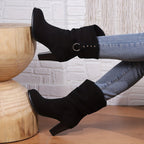 Women's Black Square Toe Slouch Ankle Boots with Stacked Heel