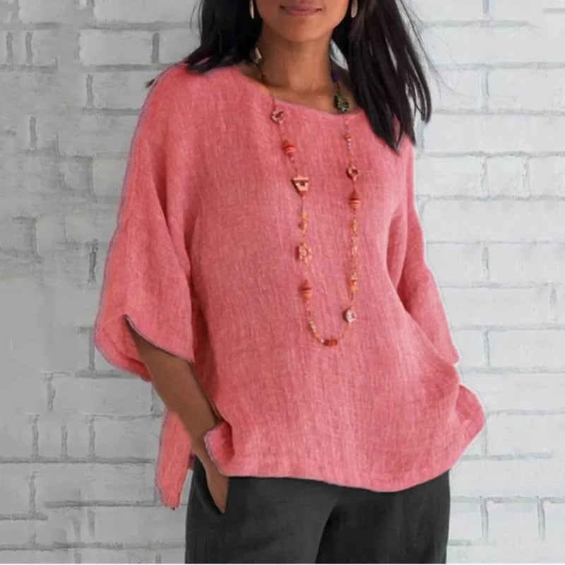 Women's Linen V-Neck Tunic Top with 3/4 Sleeves and Relaxed Fit – Pink