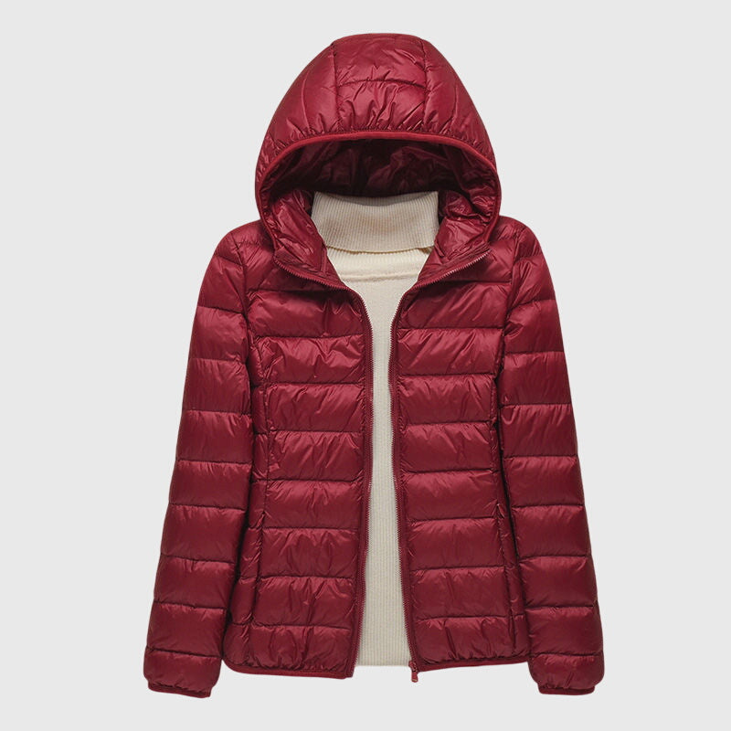 Women's Lightweight Quilted Jacket with Hood or Stand Collar – Burgundy Hood