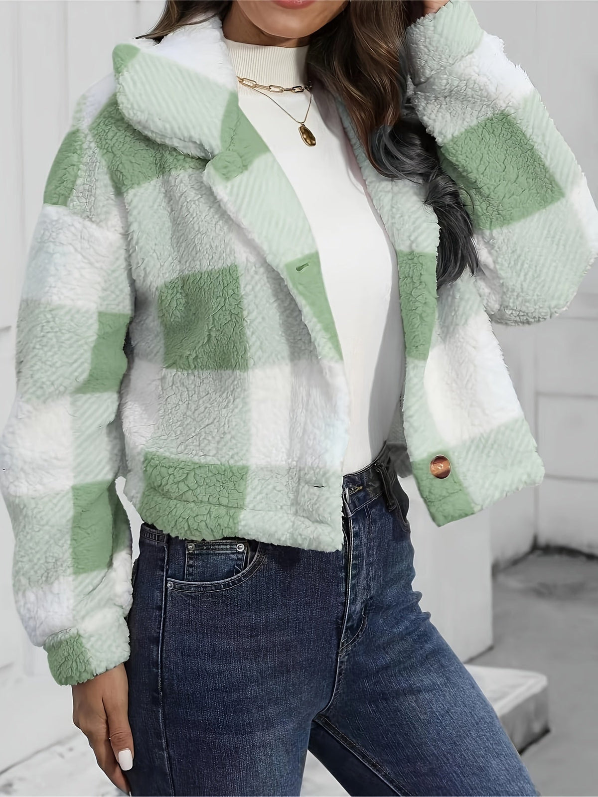Women's Short Brushed Check Jacket with Button Front