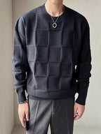 Women's Raised Check Knit Crew Neck Jumper