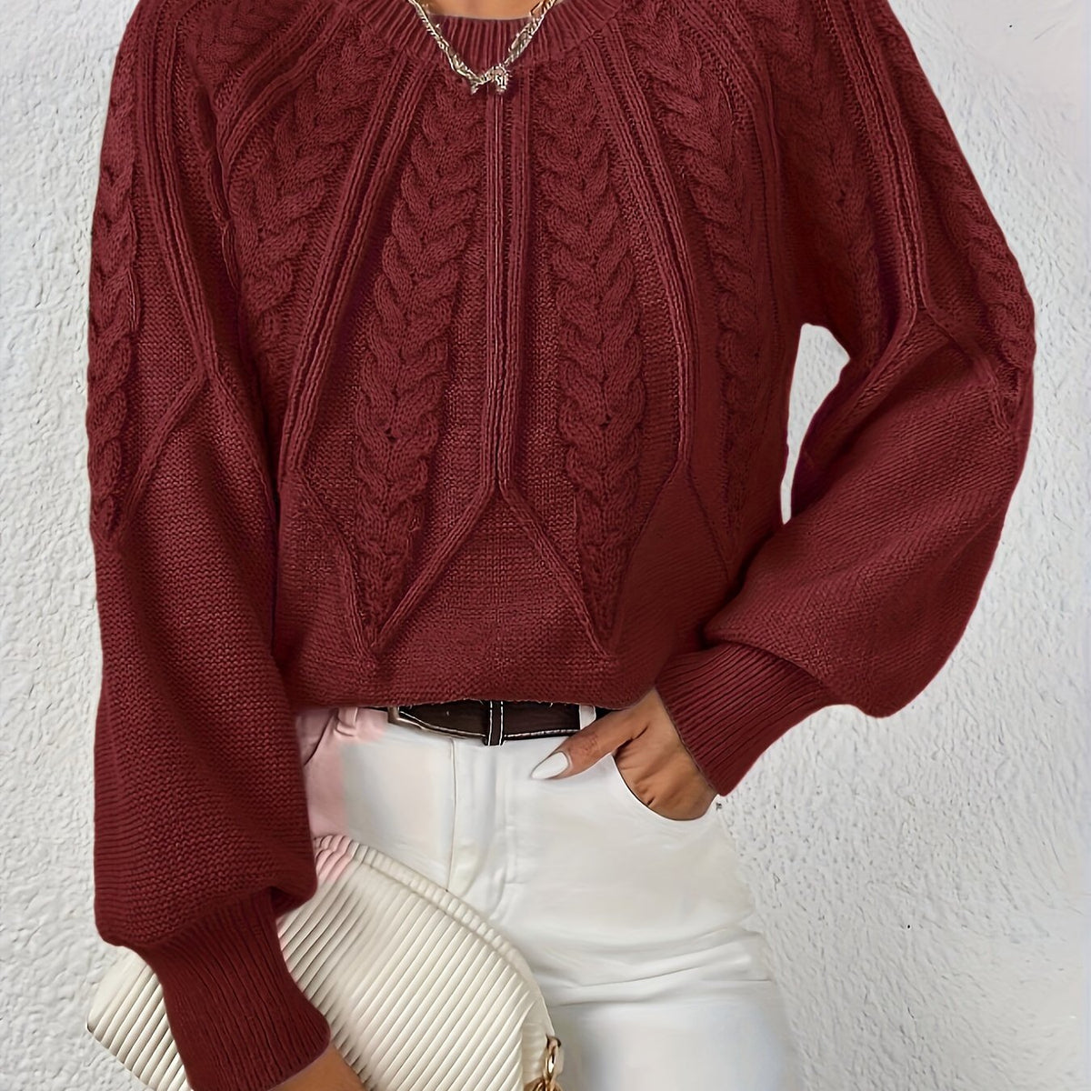 Women's Statement Sleeve Wool Blend Cable-Knit Jumper – Wine Red