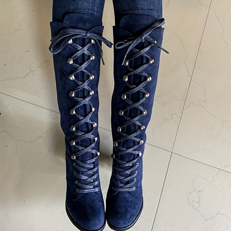 Women's Adjustable Lace-Front Tall Boots with Steady Block Heel