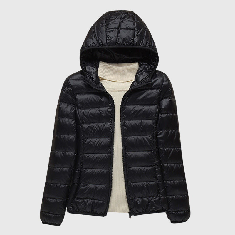 Women's Lightweight Quilted Jacket with Hood or Stand Collar – Black Hood