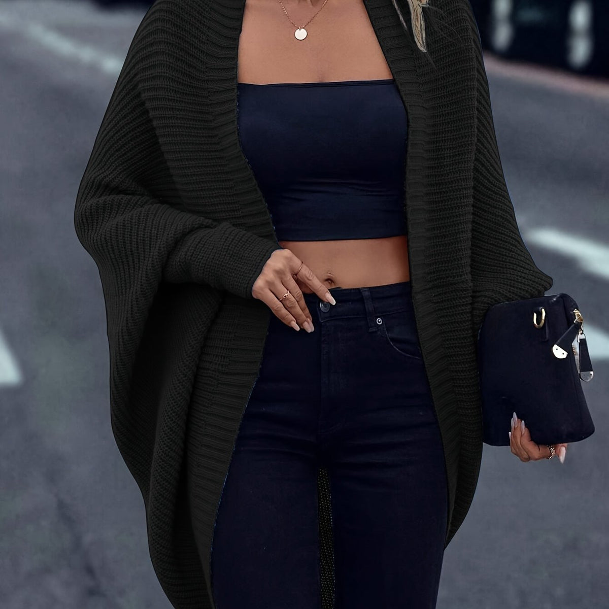 Women's Soft Drape Open Longline Christmas Cardigan - Black