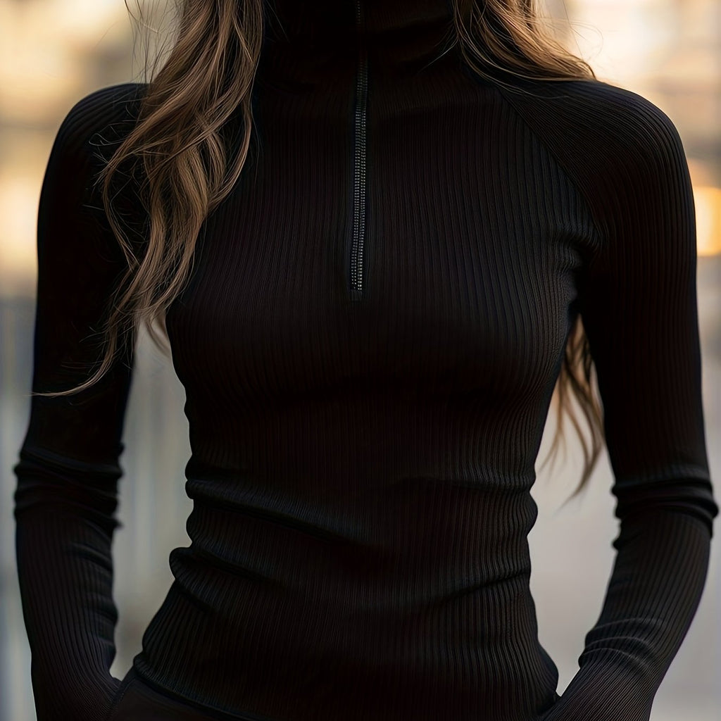 Women's Slim Ribbed Zip-Neck Long Sleeve Top - Black