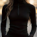 Women's Slim Ribbed Zip-Neck Long Sleeve Top - Black