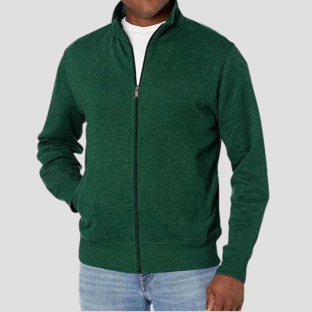 Men's Casual Lightweight Jacket with Full Zip and Raised Collar – Dark Green