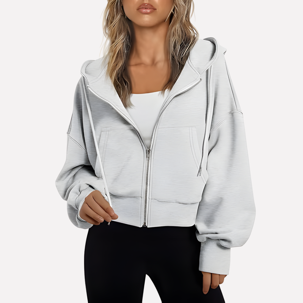 Women's Cropped Zip Hoodie Drawstring Hood Printed Accents – White