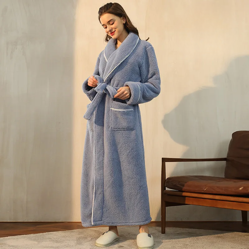 Women's Long Flannel Dressing Gown with Shawl Collar – Blue