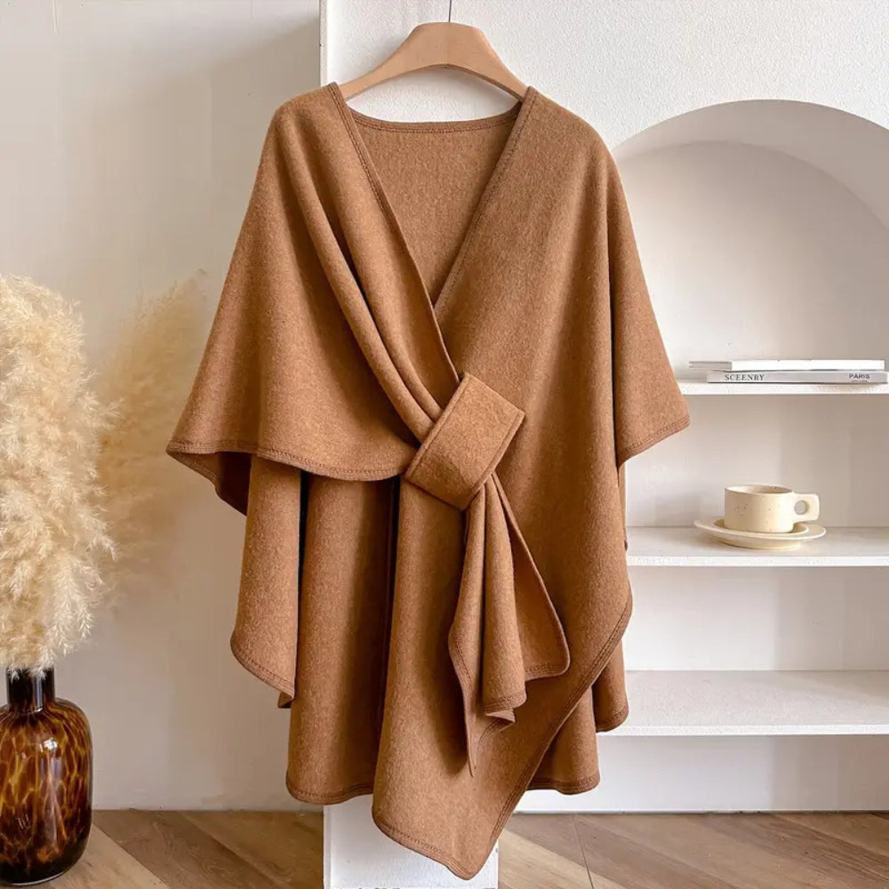 Women's Windproof Poncho Coat Draped Sides Belted Waist – Khaki