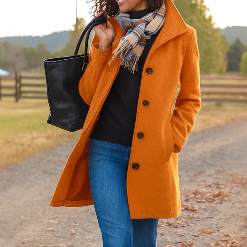 Women's Straight Cut Buttoned Coat Warm Everyday Staple – Orange
