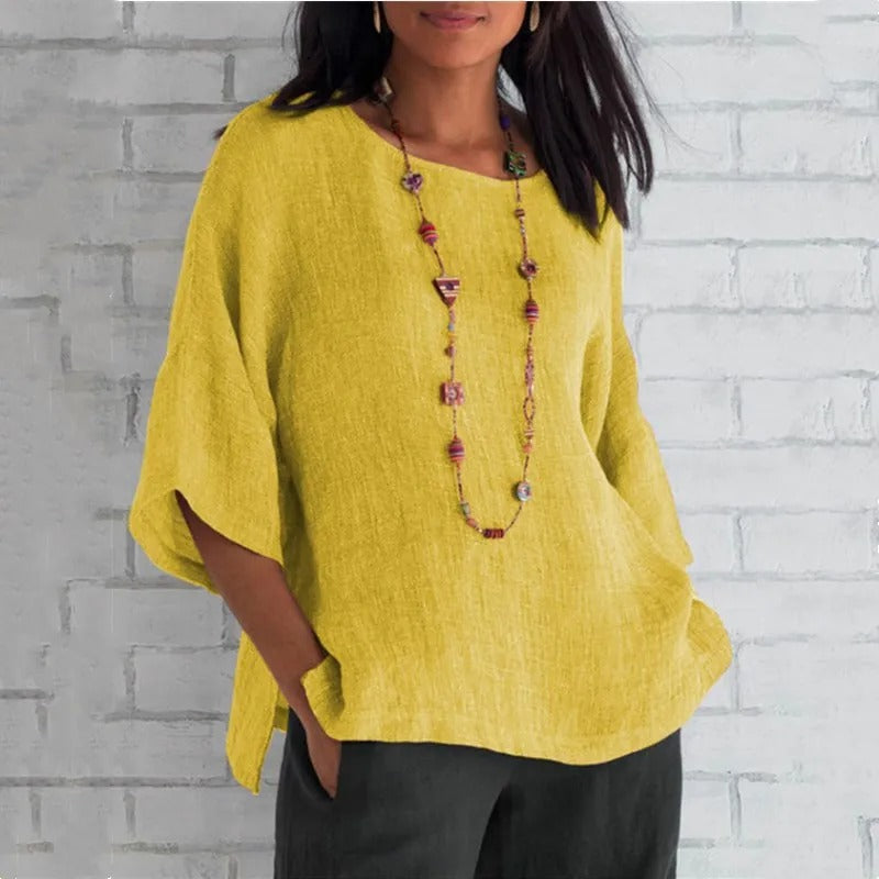 Women's Linen V-Neck Tunic Top with 3/4 Sleeves and Relaxed Fit – Yellow