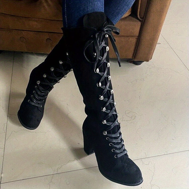 Women's Adjustable Lace-Front Tall Boots with Steady Block Heel
