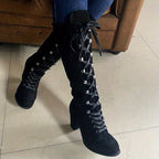 Women's Adjustable Lace-Front Tall Boots with Steady Block Heel