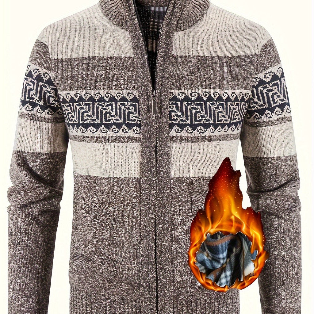 Women's Plush-Lined Patterned Zip Cardigan - Coffee