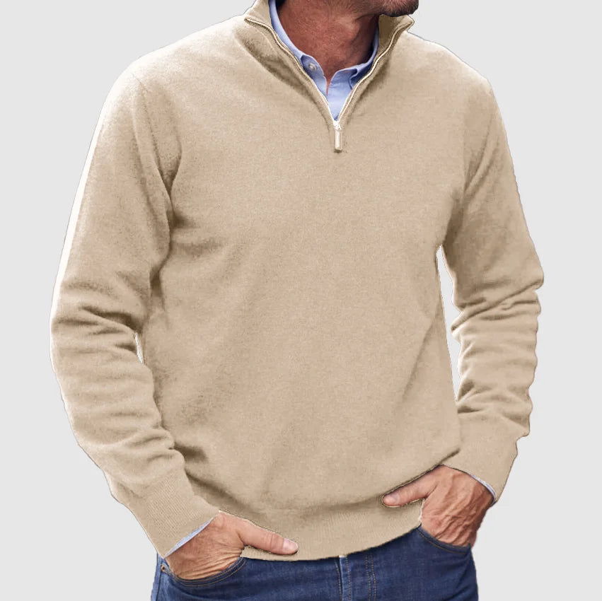 Men's High-Collar Quarter-Zip Knit Jumper for the Office – Beige