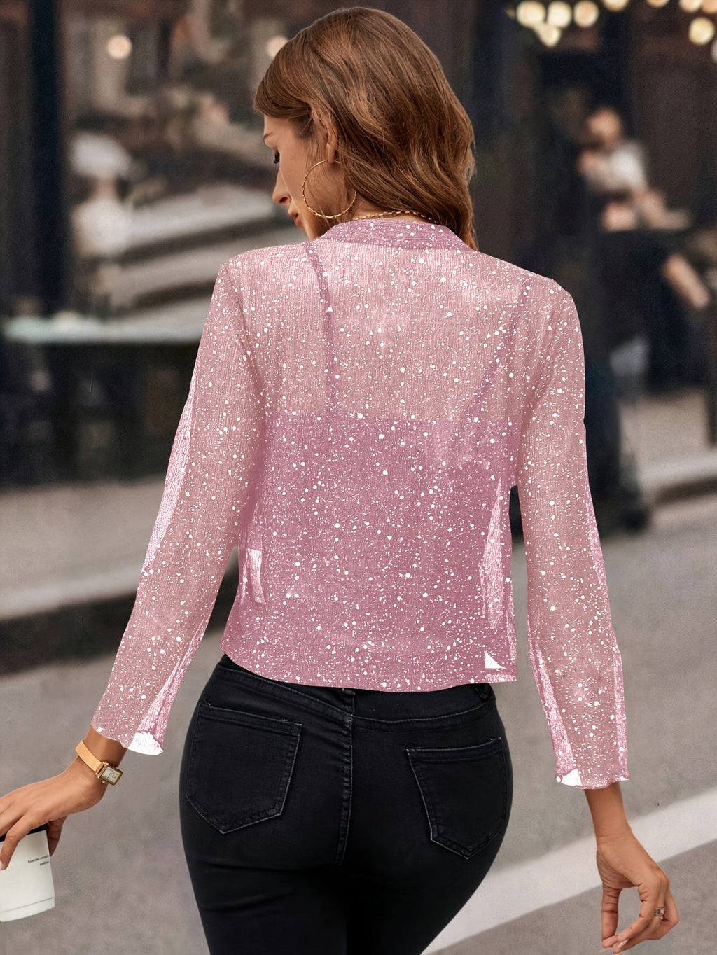 Women's Sparkle Open-Front Cropped Jacket with Three-Quarter Sleeves