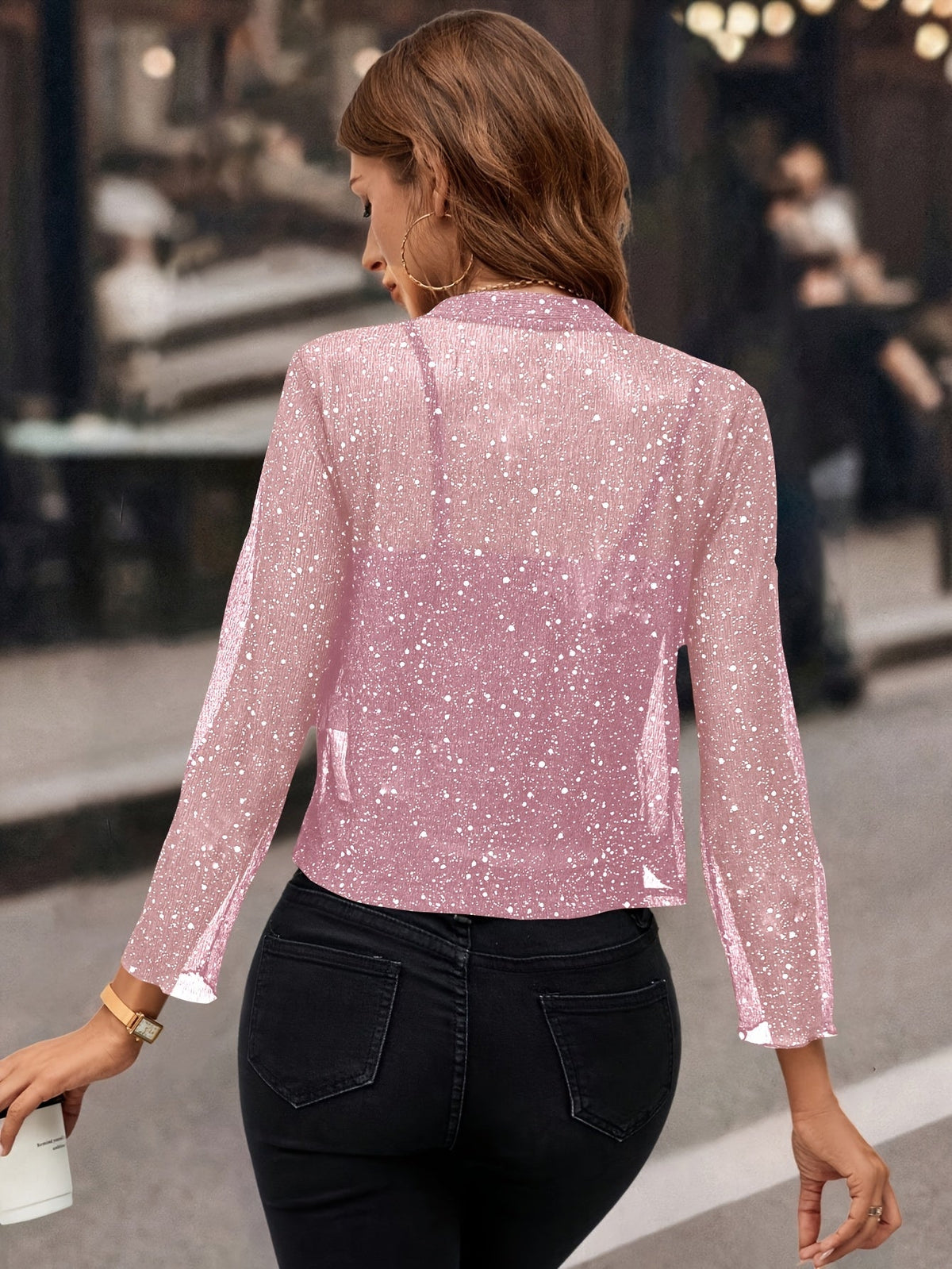 Women's Sparkle Open-Front Cropped Jacket with Three-Quarter Sleeves
