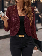 Women's Sparkle Open-Front Cropped Jacket with Three-Quarter Sleeves