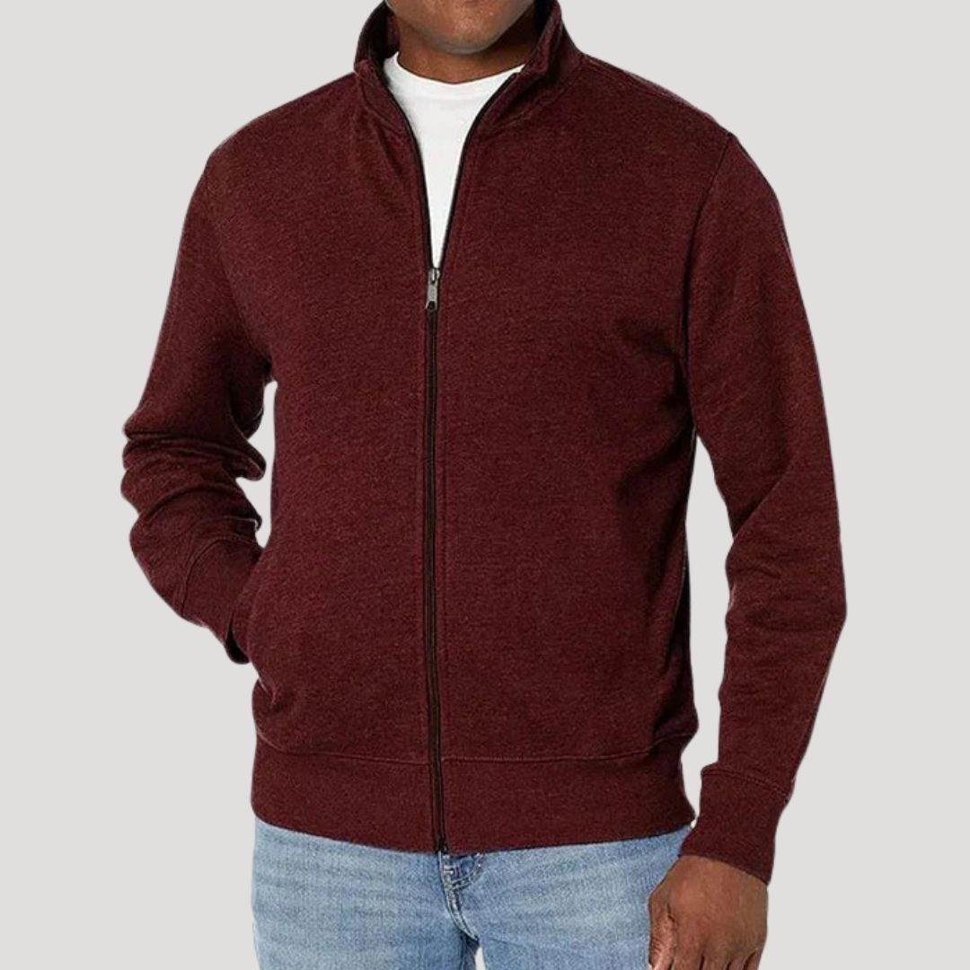 Men's Casual Lightweight Jacket with Full Zip and Raised Collar – Wine Red