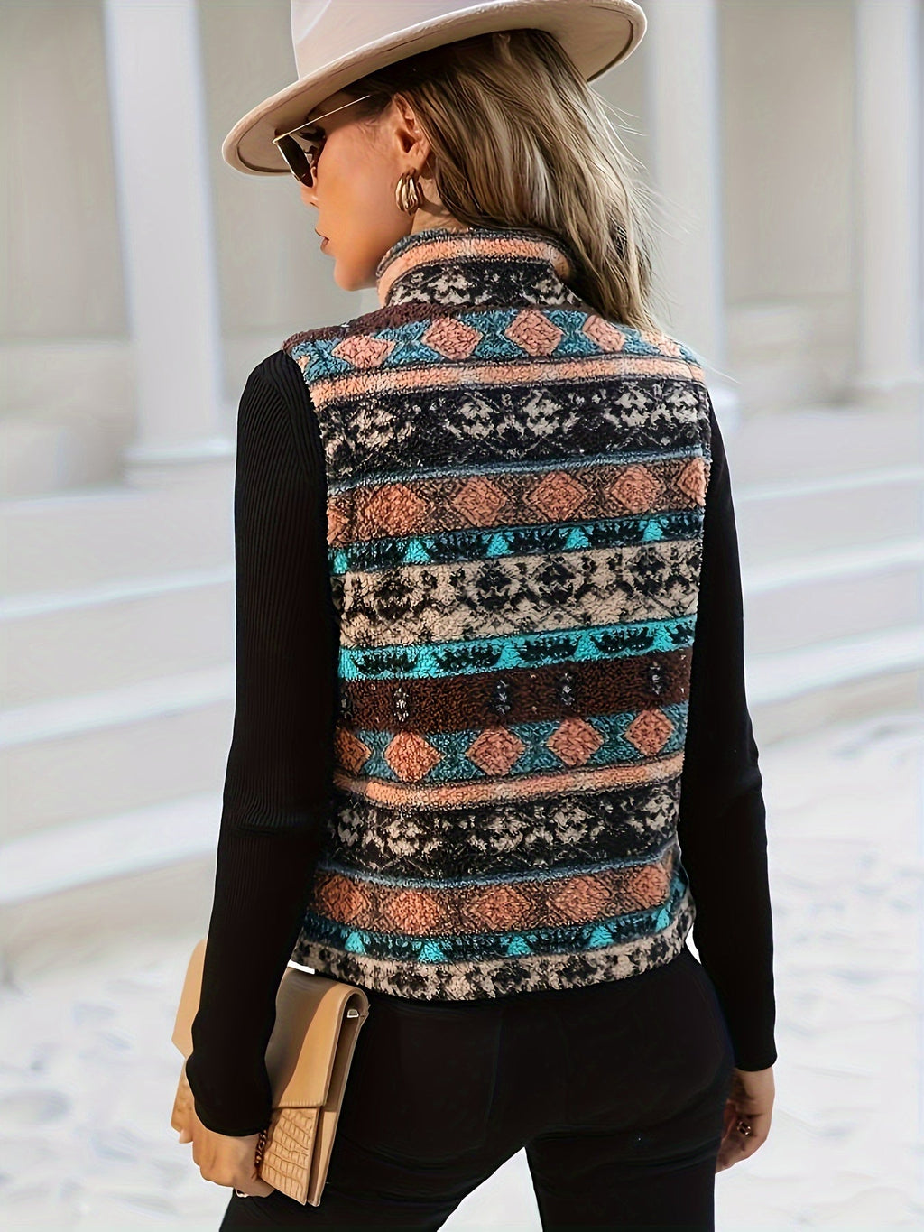 Women's Blue Patterned Zip-Front Gilet