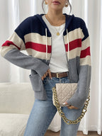 Women's Ribbed Knit Zip-Through Hooded Cardigan
