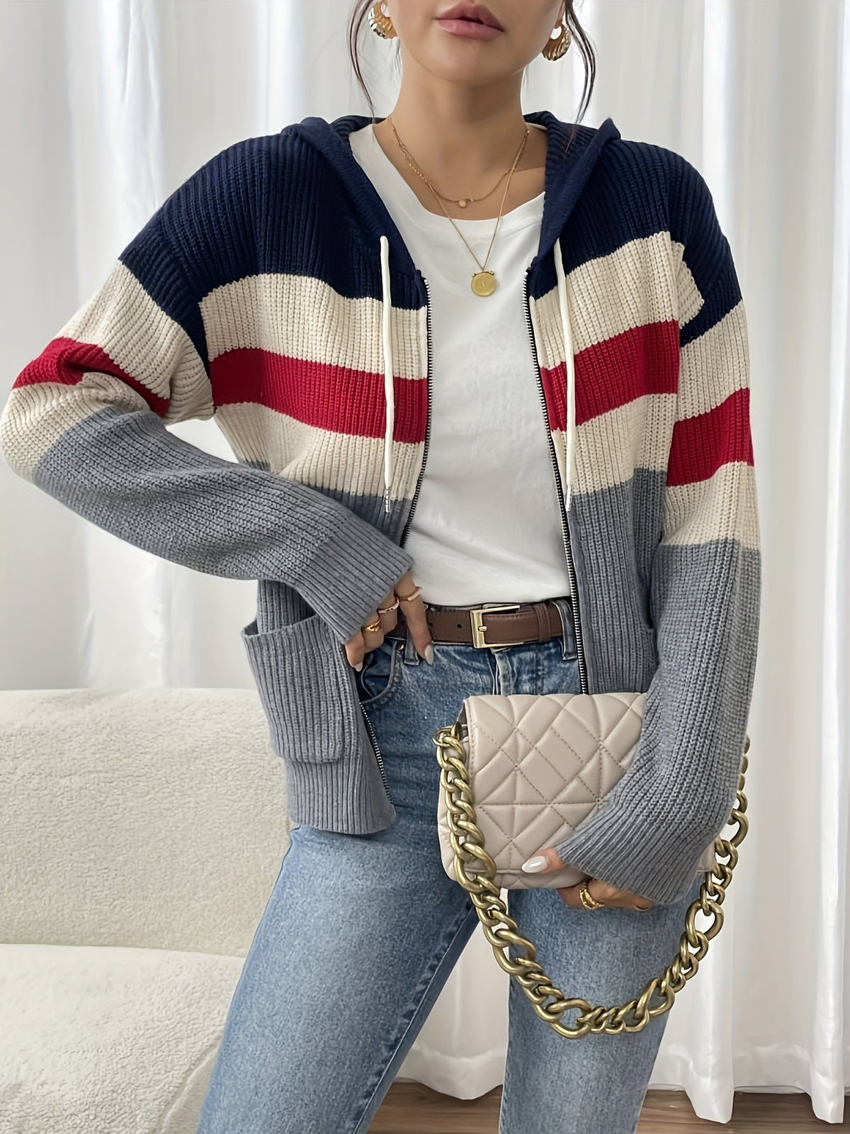 Women's Ribbed Knit Zip-Through Hooded Cardigan