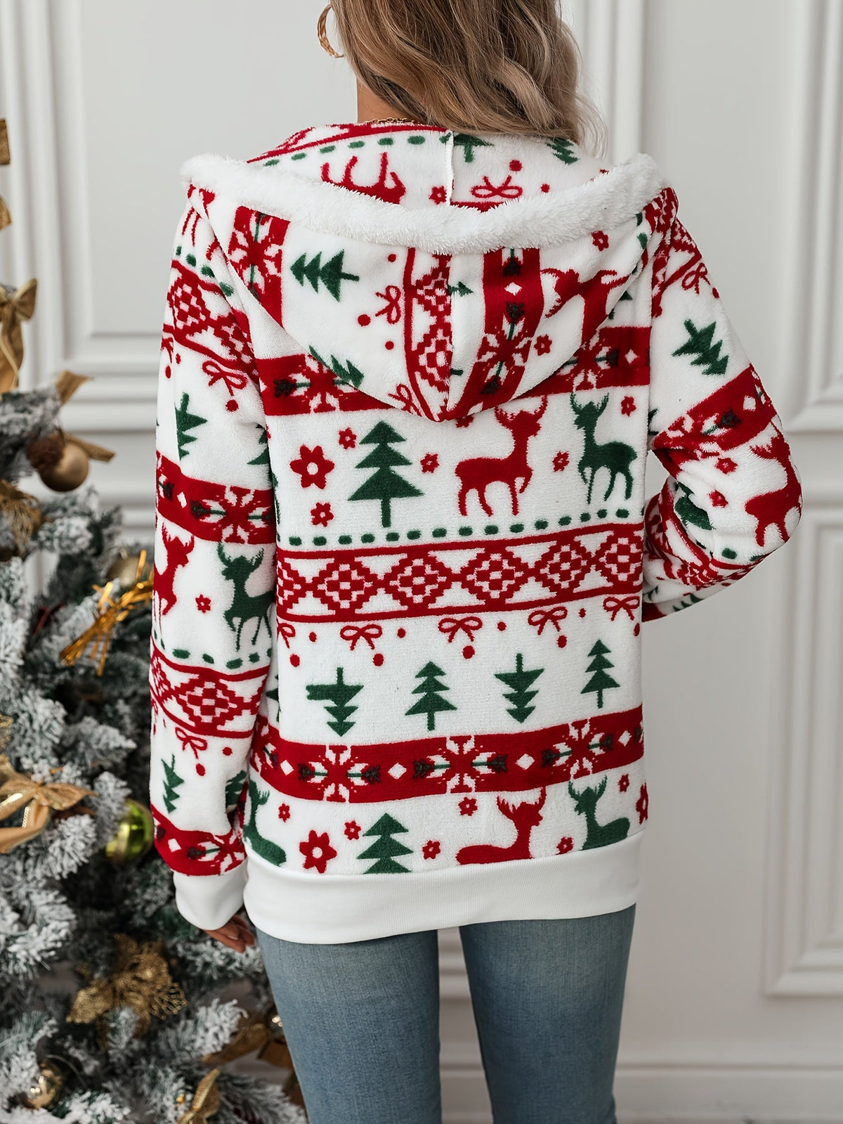Women's Plush Festive Print Hooded Zip Cardigan with Pockets