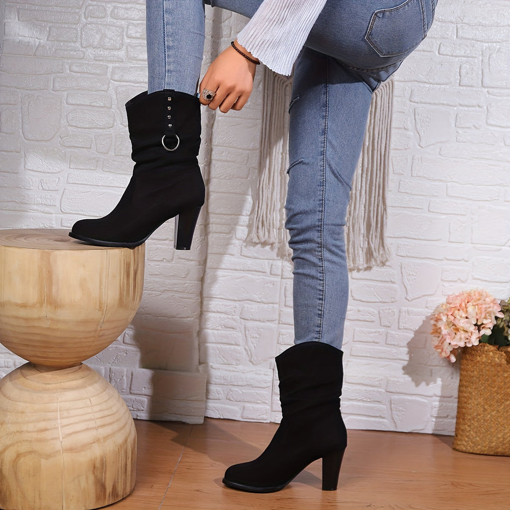 Women's Black Square Toe Slouch Ankle Boots with Stacked Heel