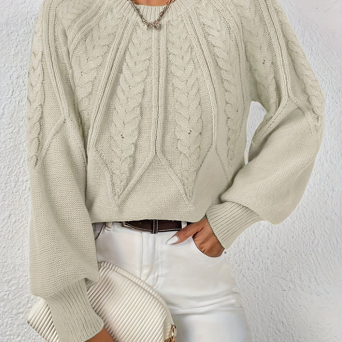 Women's Statement Sleeve Wool Blend Cable-Knit Jumper – Beige
