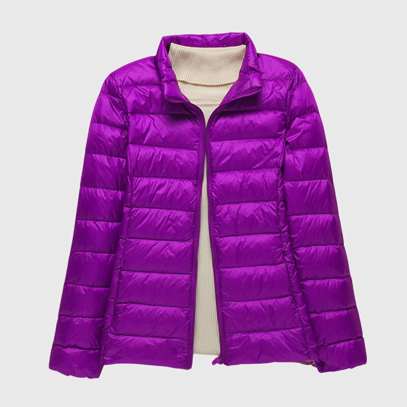 Women's Lightweight Quilted Jacket with Hood or Stand Collar – Purple Stand Collar