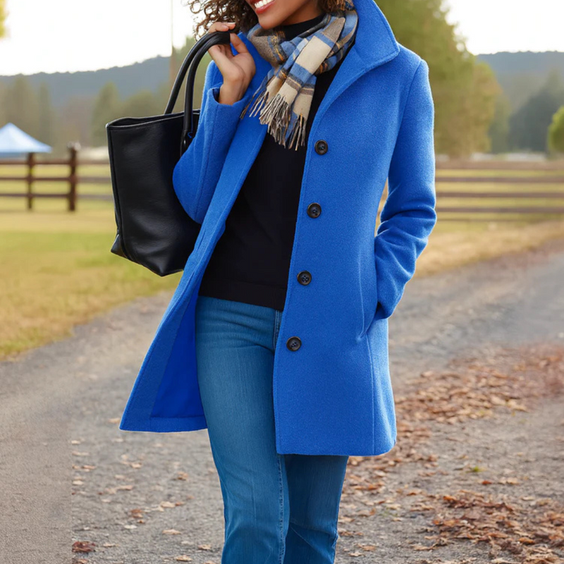 Women's Straight Cut Buttoned Coat Warm Everyday Staple – Blue